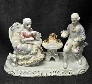 Porcelain Victorian Colonial Courting Couple Dog Woman & Man Figurine Tea Party